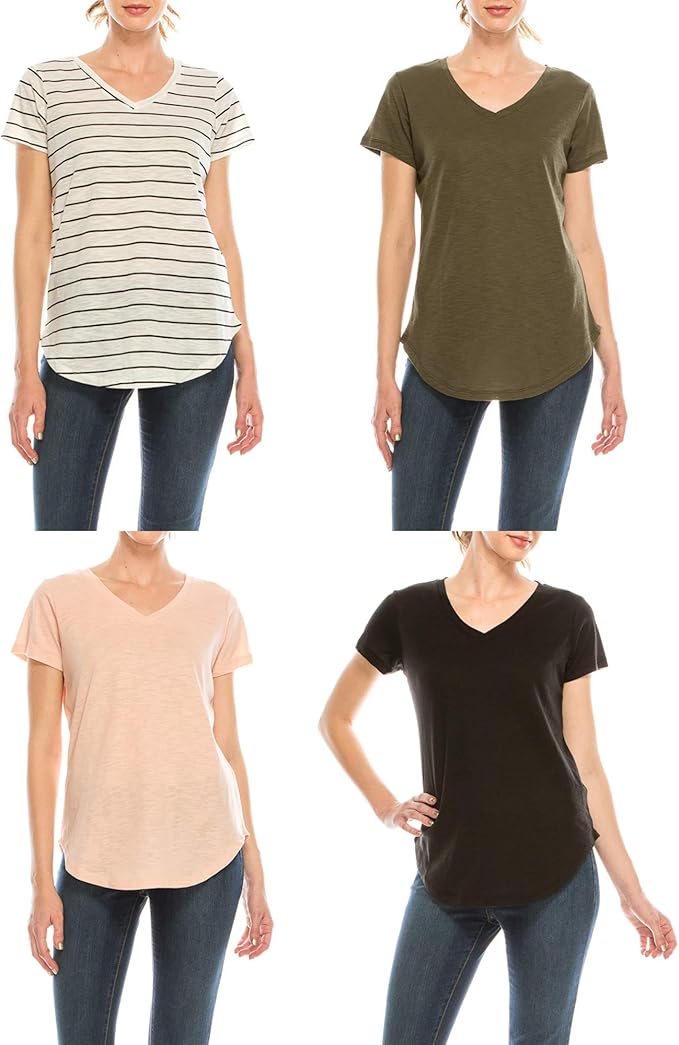 4-Piece Set V-Neck Cotton Curve Hem T-Shirt