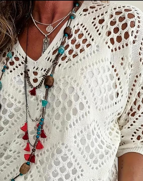 🎁Today's Special Offer🎁Women's Plus Size Open Knit Half Sleeve Pullover