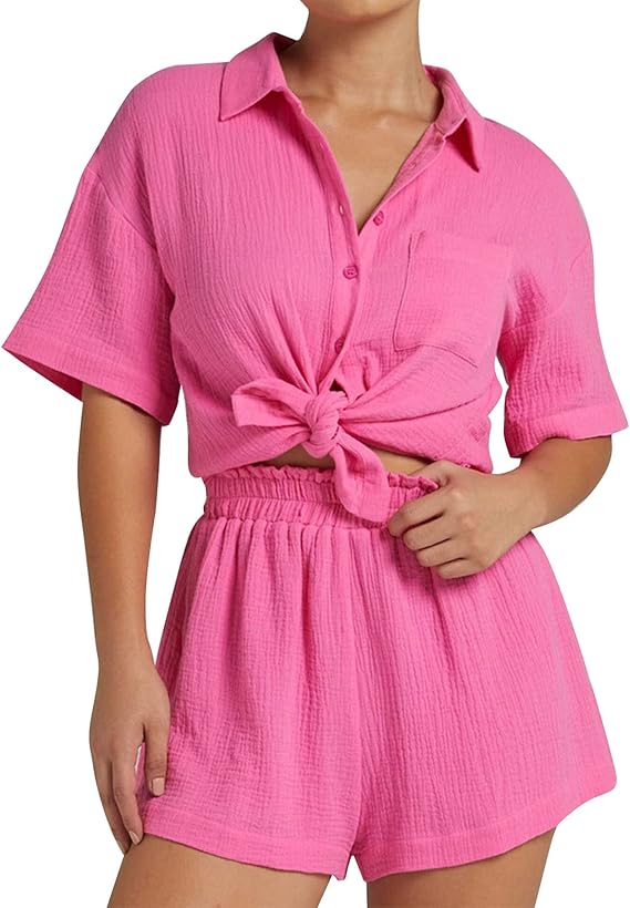 💥Factory Direct Sale💥Ladies' Casual Two-piece Set of Linen-cotton Short-sleeved Shirt and Shorts