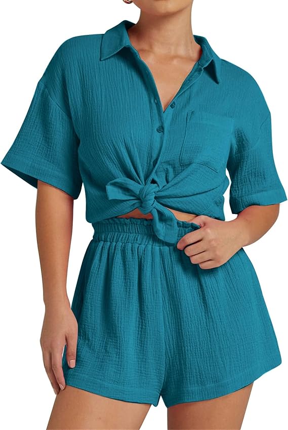 💥Factory Direct Sale💥Ladies' Casual Two-piece Set of Linen-cotton Short-sleeved Shirt and Shorts