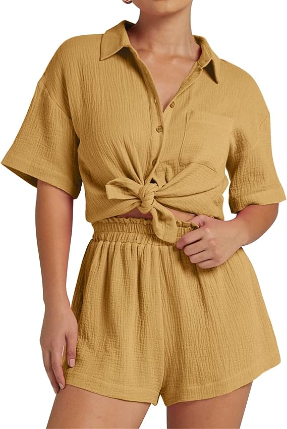 💥Factory Direct Sale💥Ladies' Casual Two-piece Set of Linen-cotton Short-sleeved Shirt and Shorts