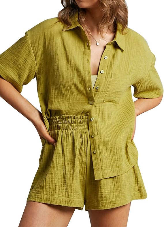 💥Factory Direct Sale💥Ladies' Casual Two-piece Set of Linen-cotton Short-sleeved Shirt and Shorts