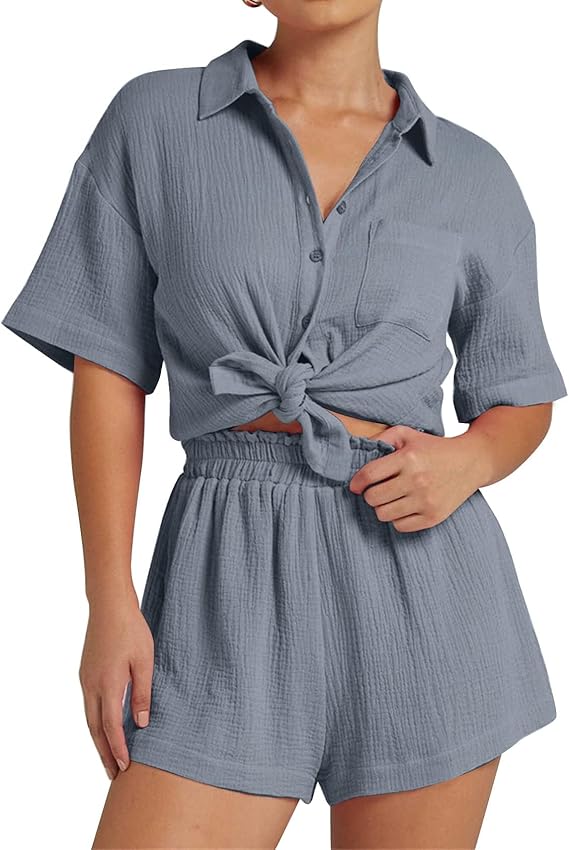 💥Factory Direct Sale💥Ladies' Casual Two-piece Set of Linen-cotton Short-sleeved Shirt and Shorts