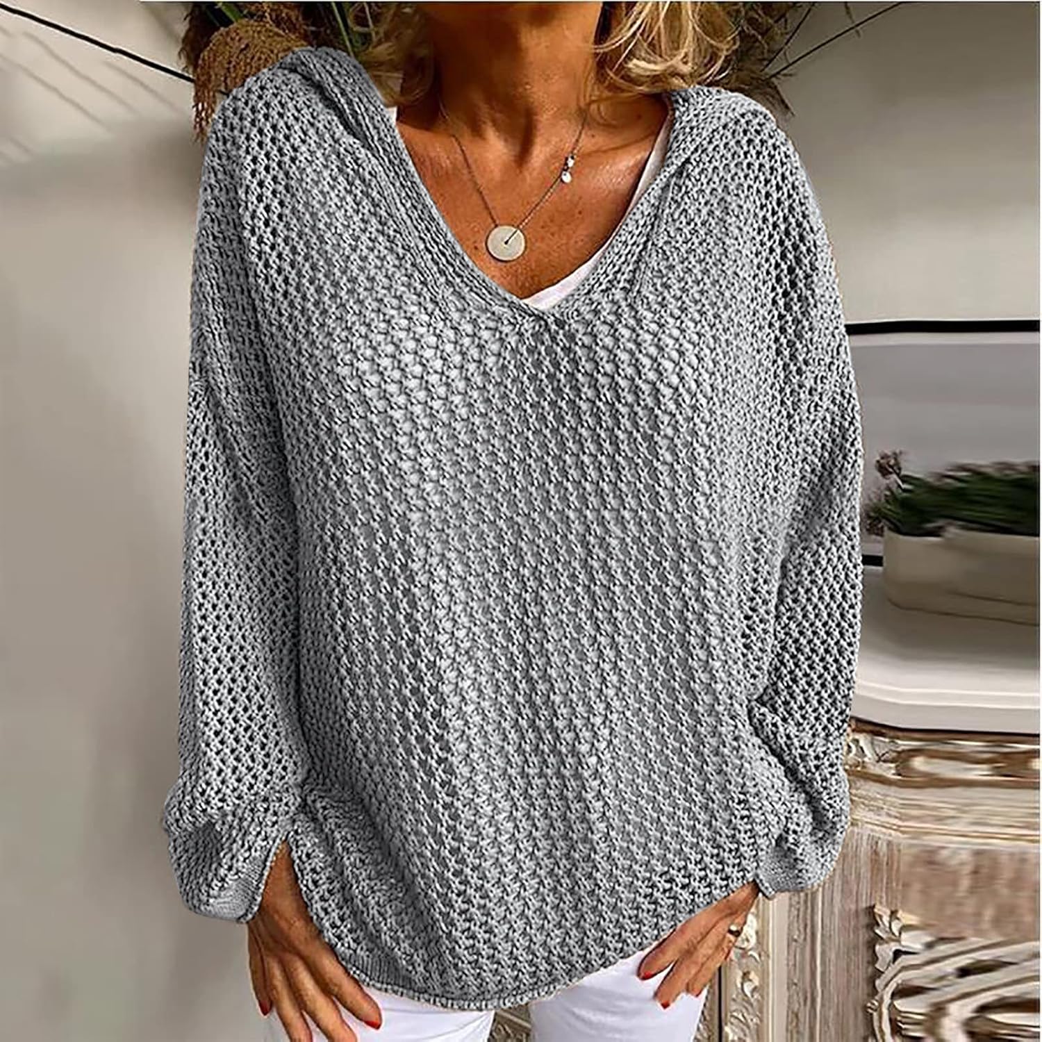 🚨 $6.99– Today Only!🔥Women's Hollow Sheer Hooded Sweater