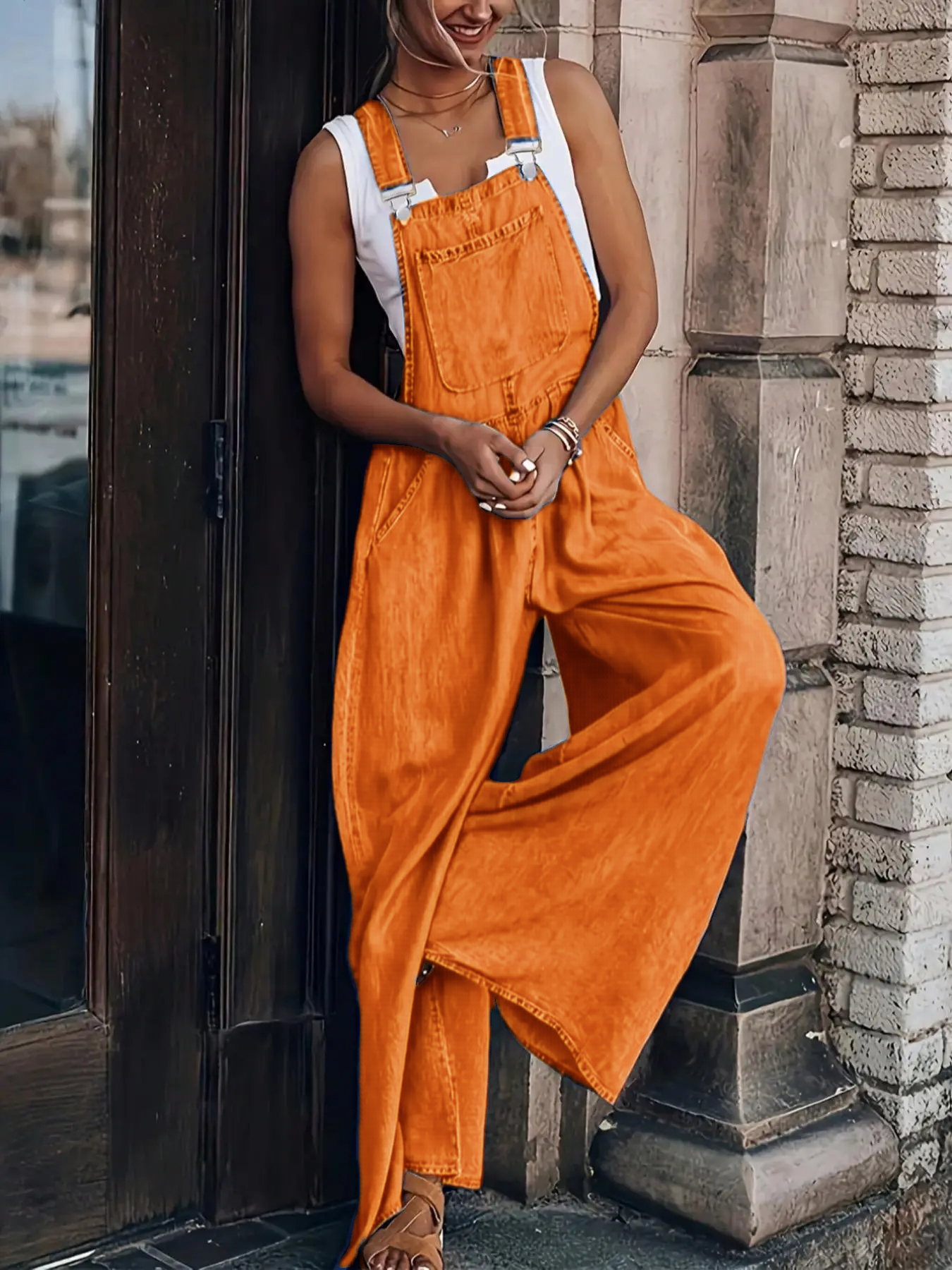 💥Factory Direct Sale💥Women's Crinkled Wide - leg Denim Suspender Pants with Adjustable Shoulder Straps