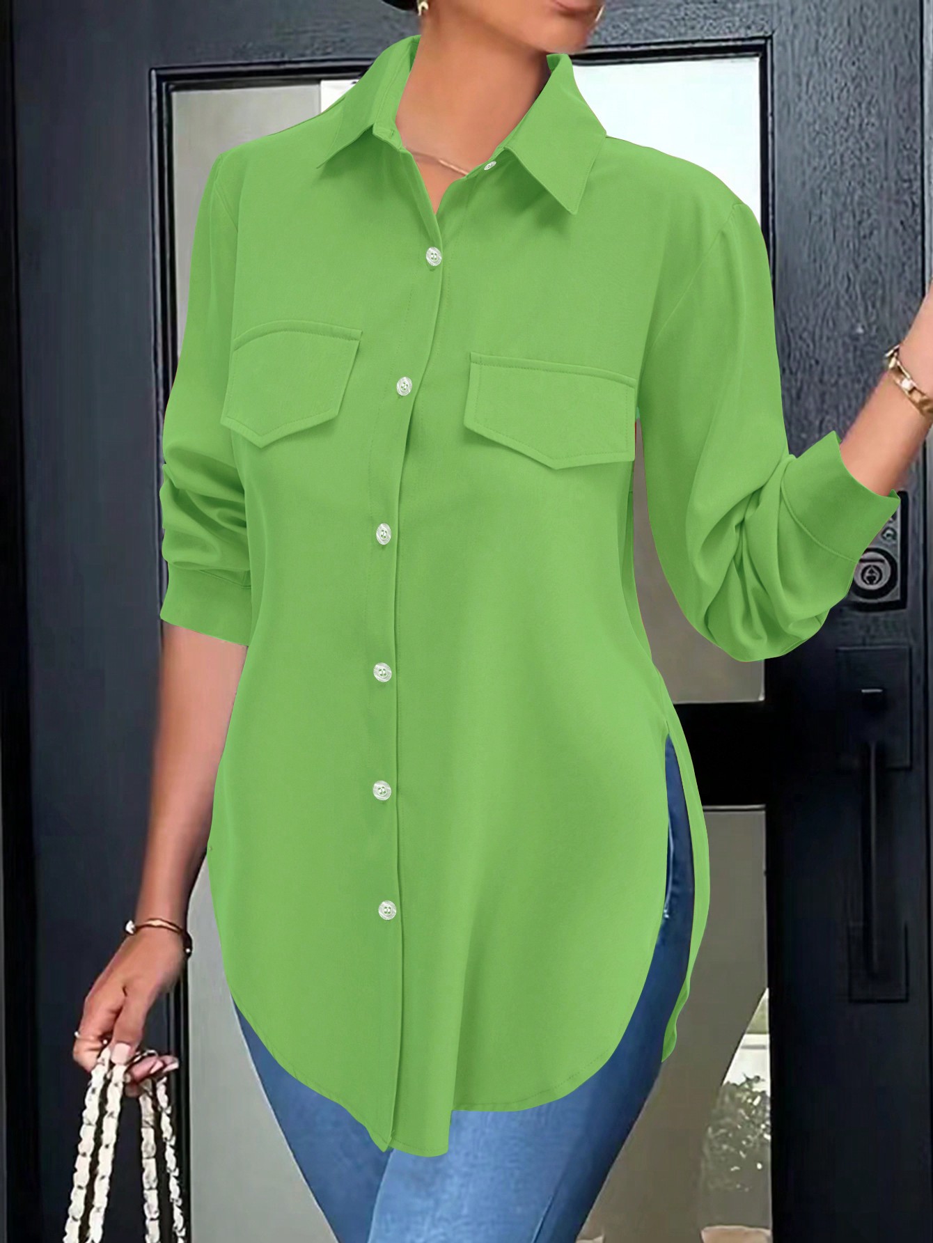 💥Factory Direct Sale💥Women's Plain Button Front Split Side Shirt
