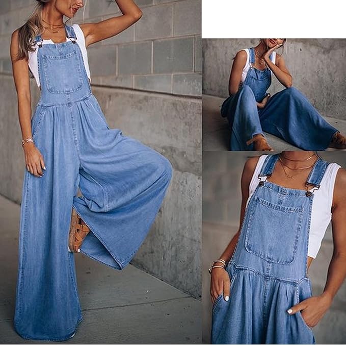 💥Factory Direct Sale💥Women's Crinkled Wide - leg Denim Suspender Pants with Adjustable Shoulder Straps