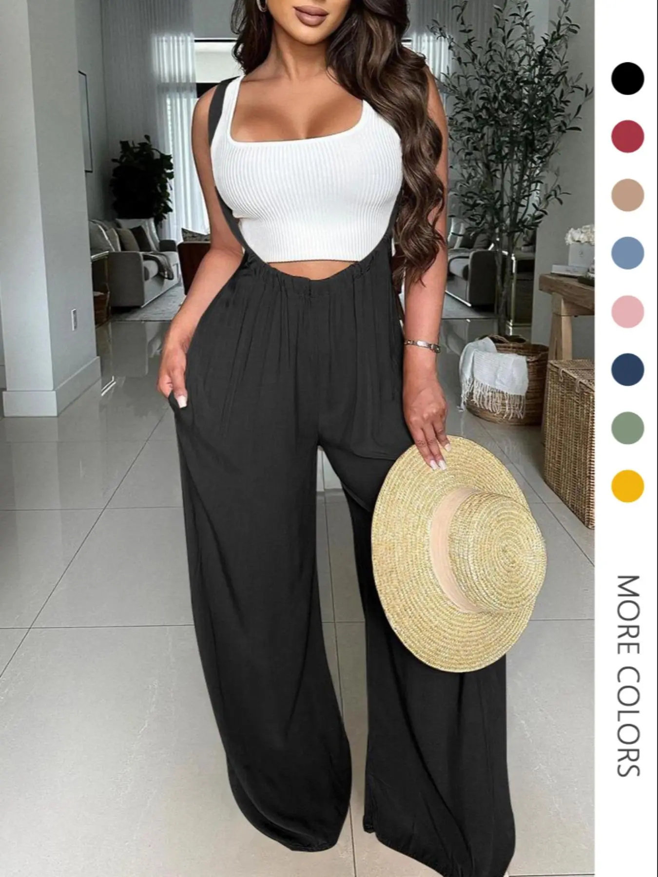 Women's Drawstring Tie Back Wide Leg Pocket Suspender Pants without Tank 