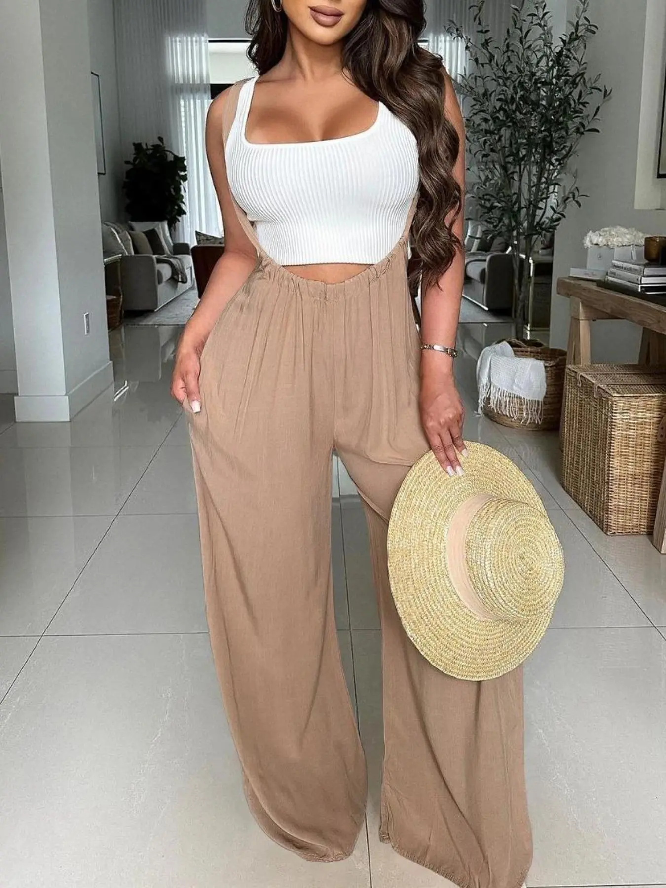 Women's Drawstring Tie Back Wide Leg Pocket Suspender Pants without Tank 