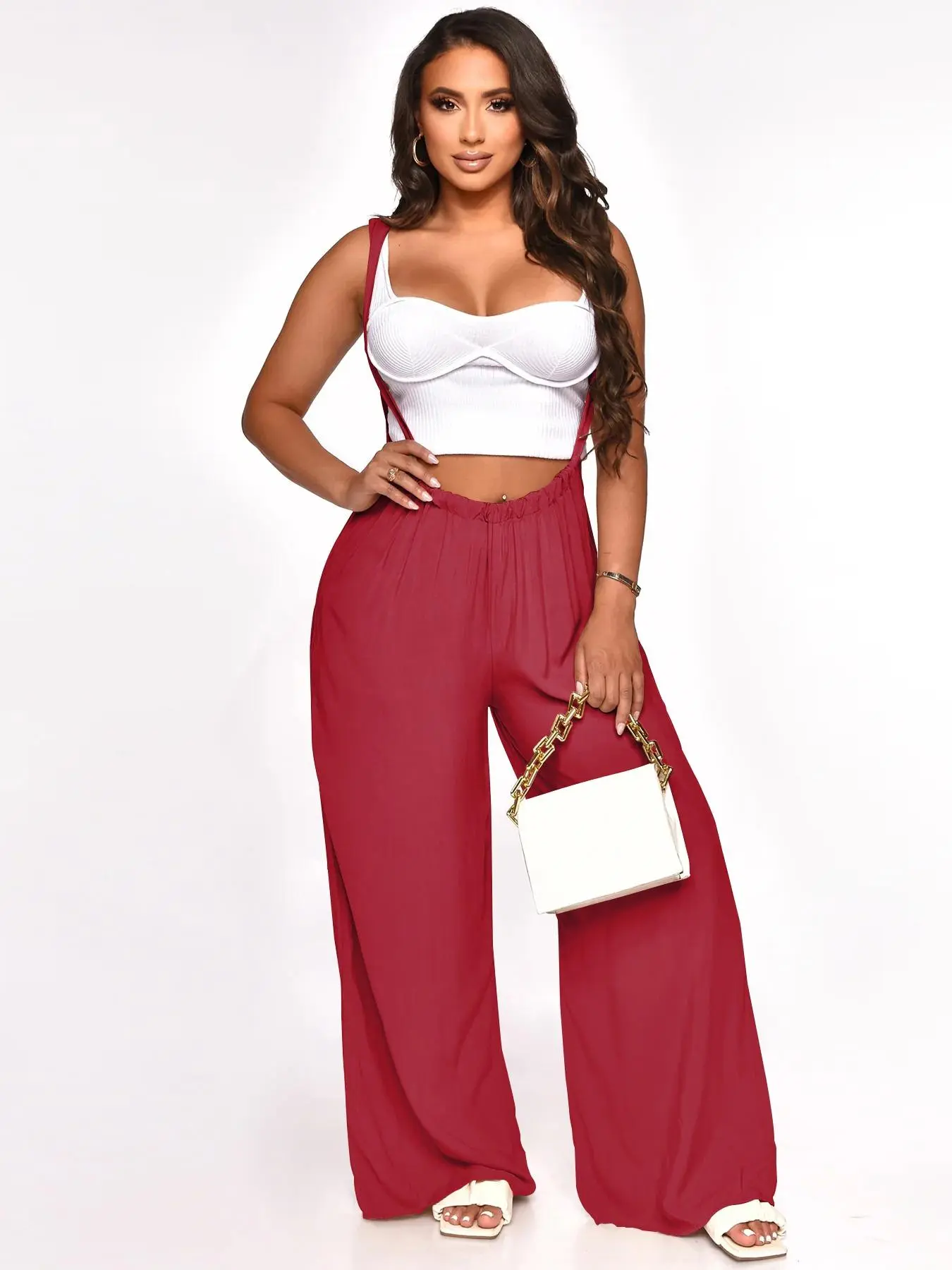 Women's Drawstring Tie Back Wide Leg Pocket Suspender Pants without Tank 
