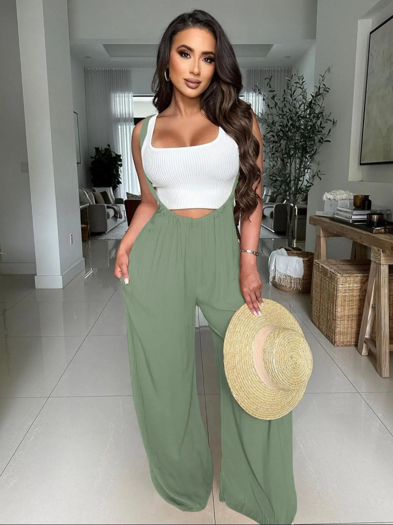 Women's Drawstring Tie Back Wide Leg Pocket Suspender Pants without Tank 
