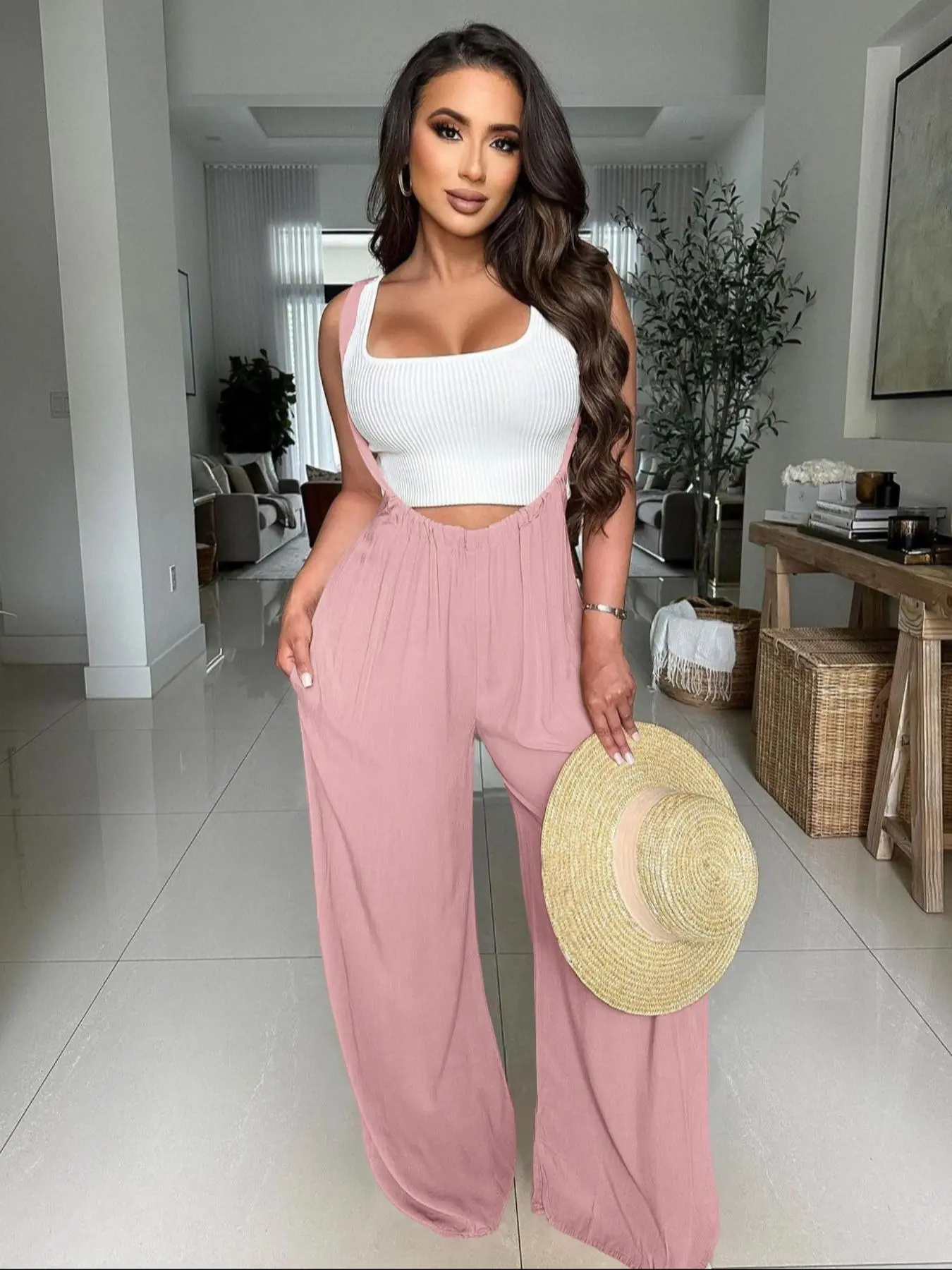 Women's Drawstring Tie Back Wide Leg Pocket Suspender Pants without Tank 