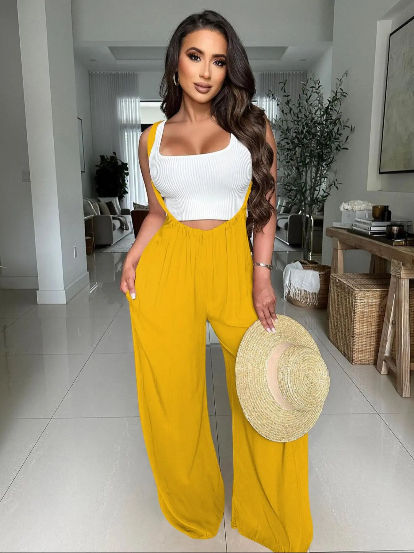 Women's Drawstring Tie Back Wide Leg Pocket Suspender Pants without Tank 