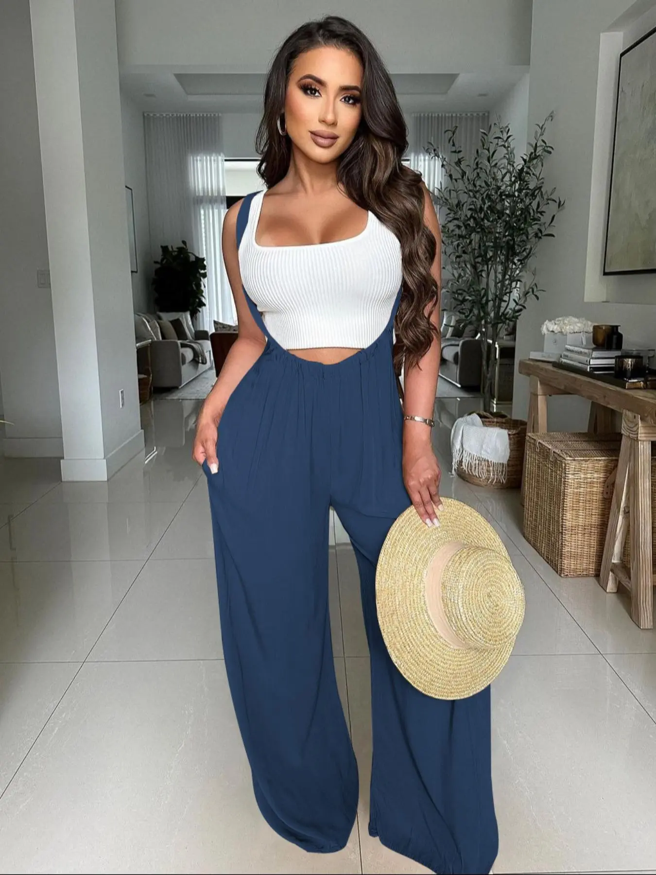 Women's Drawstring Tie Back Wide Leg Pocket Suspender Pants without Tank 