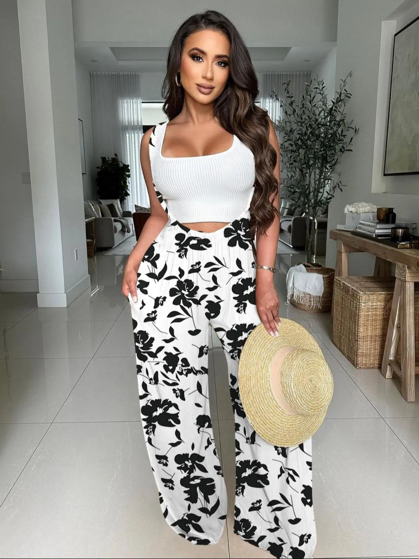 Women's Drawstring Tie Back Wide Leg Pocket Suspender Pants without Tank 
