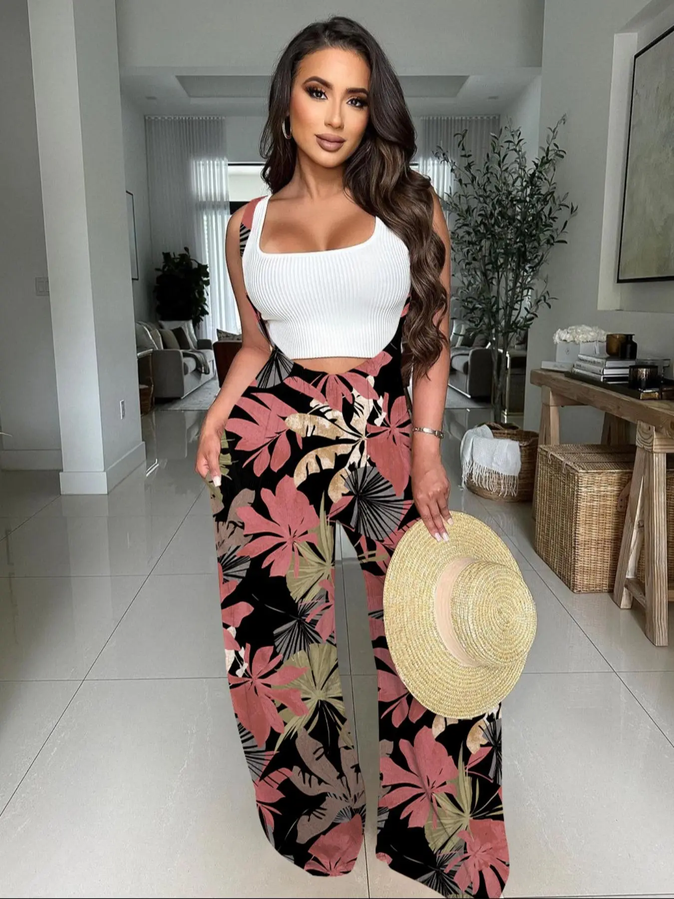 Women's Drawstring Tie Back Wide Leg Pocket Suspender Pants without Tank 
