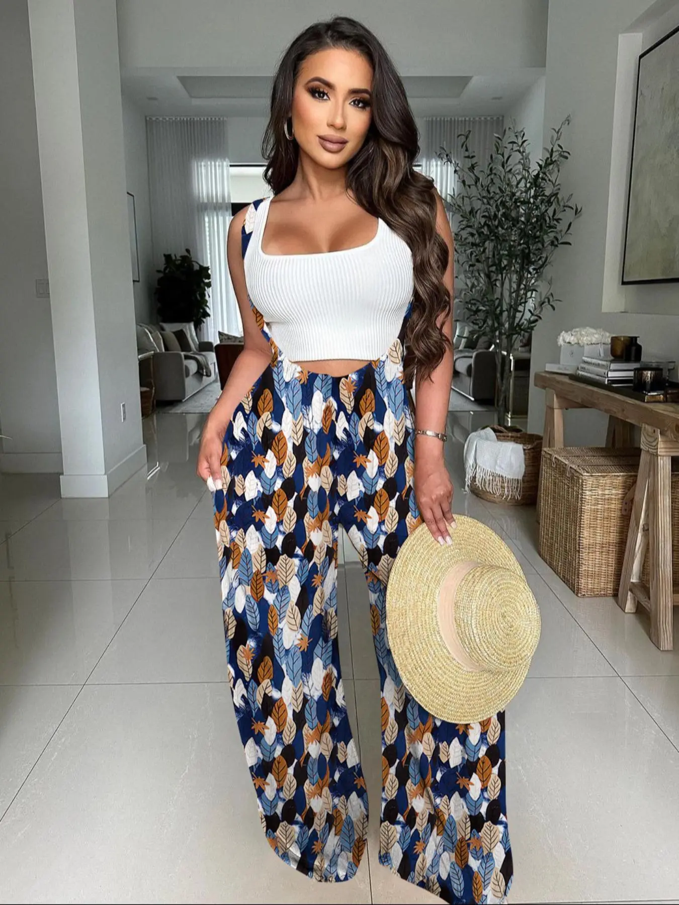 Women's Drawstring Tie Back Wide Leg Pocket Suspender Pants without Tank 