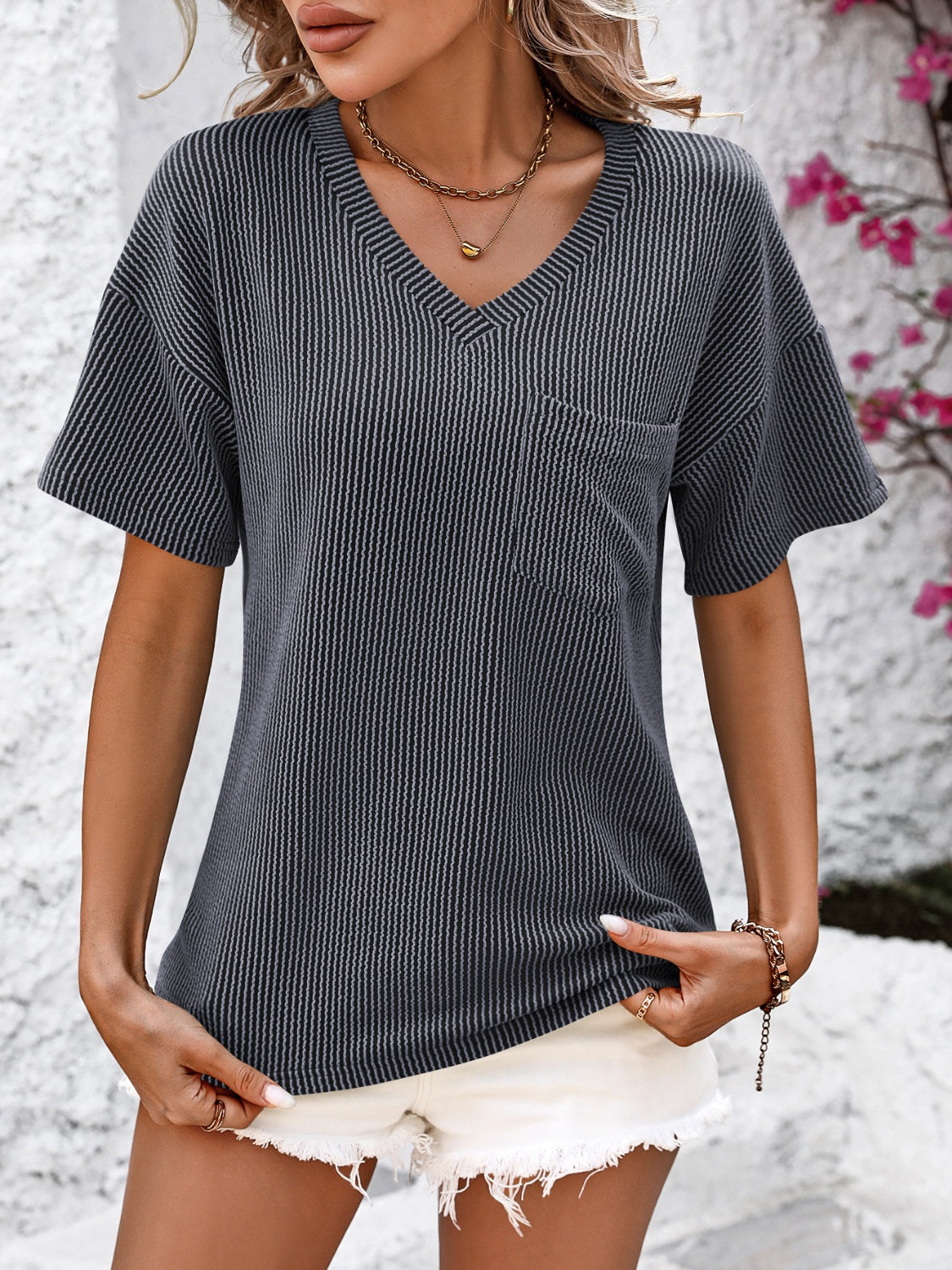 Women's Plain Textured Pocket V Neck Tee