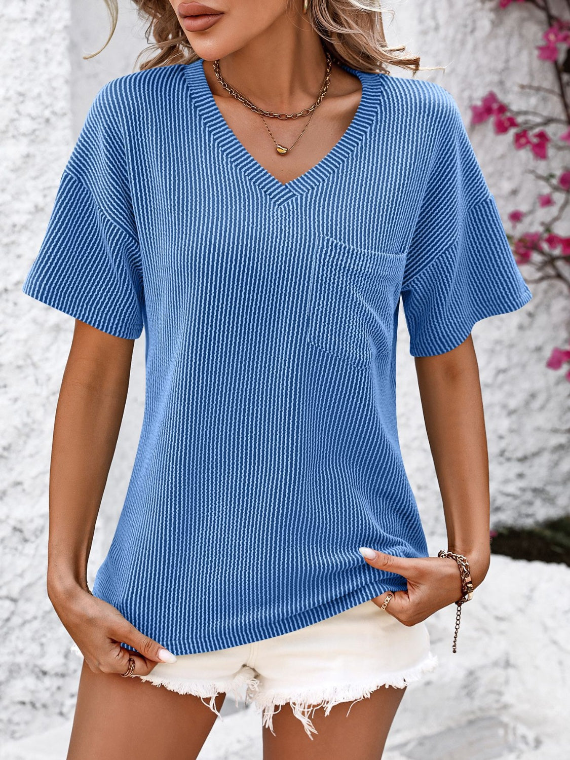 Women's Plain Textured Pocket V Neck Tee