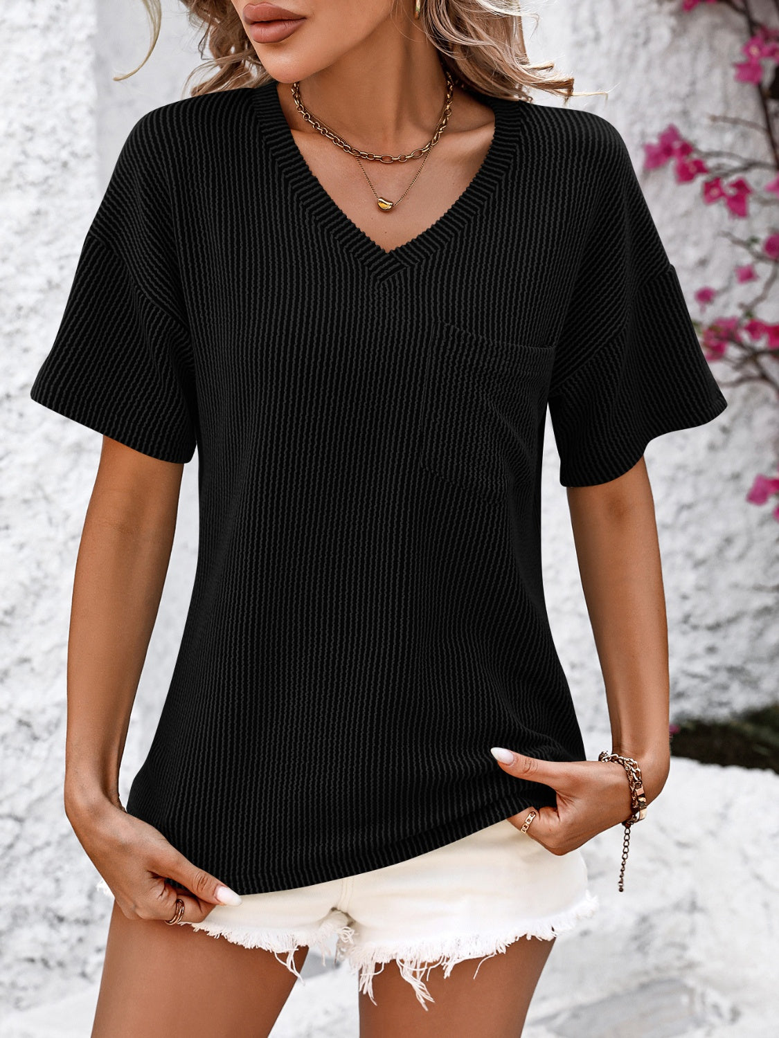 Women's Plain Textured Pocket V Neck Tee