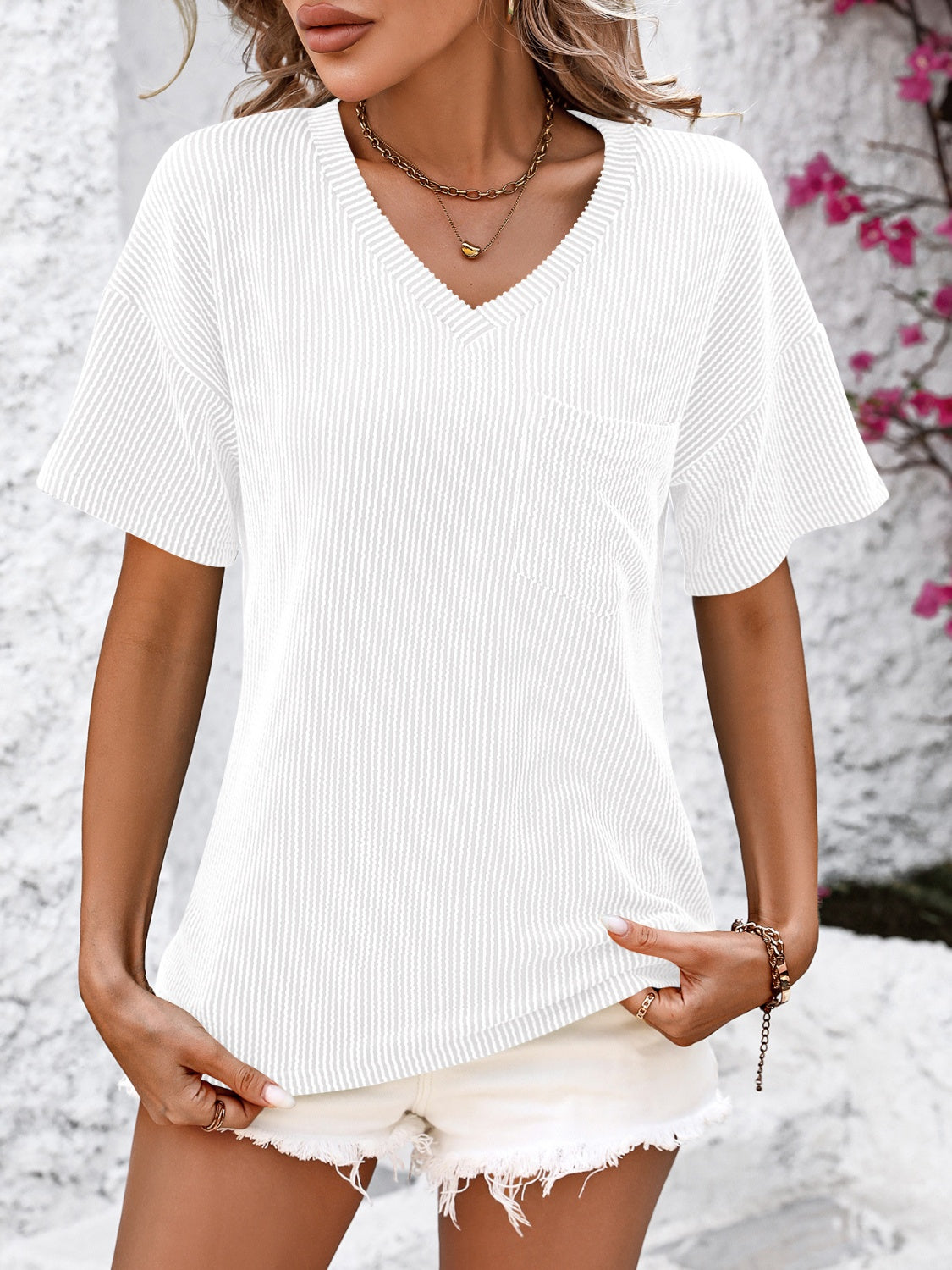 Women's Plain Textured Pocket V Neck Tee