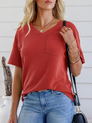 Women's Plain Textured Pocket V Neck Tee