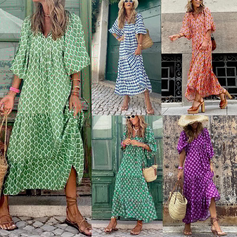 🌸Summer Special🌸Women's Elegant Puff Sleeve Floral Boho Maxi Dress