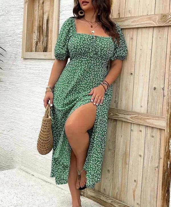 ⏰Today's Specials Only $9.99✨Plus Size Ditsy Floral All Over Print Split Thigh Dress