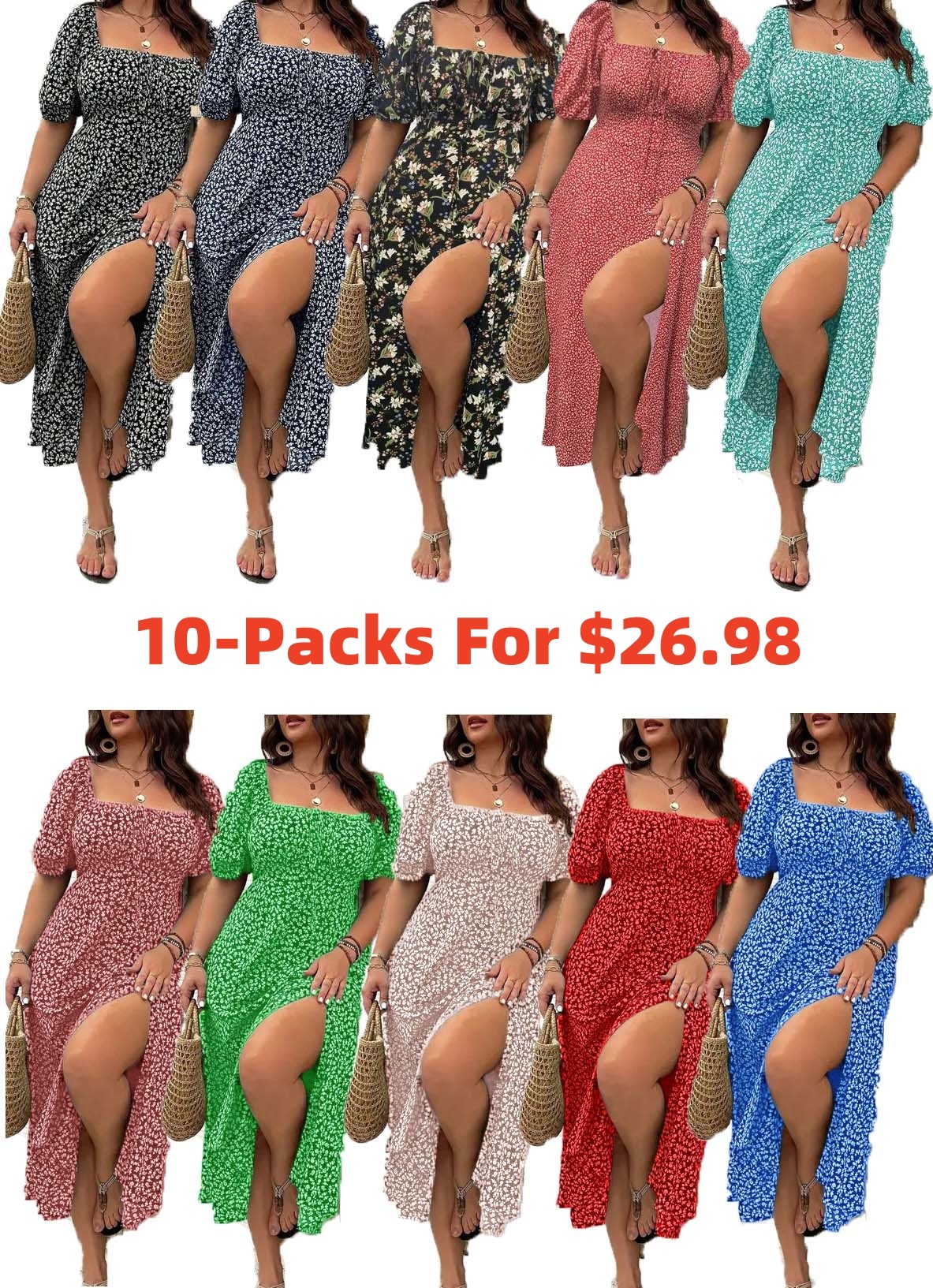 ⏰Today's Specials Only $9.99✨Plus Size Ditsy Floral All Over Print Split Thigh Dress