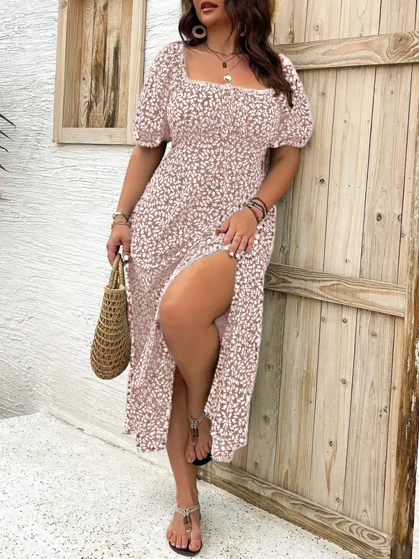 ⏰Today's Specials Only $9.99✨Plus Size Ditsy Floral All Over Print Split Thigh Dress