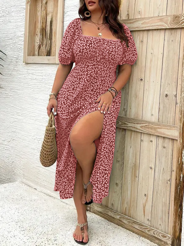 ⏰Today's Specials Only $9.99✨Plus Size Ditsy Floral All Over Print Split Thigh Dress
