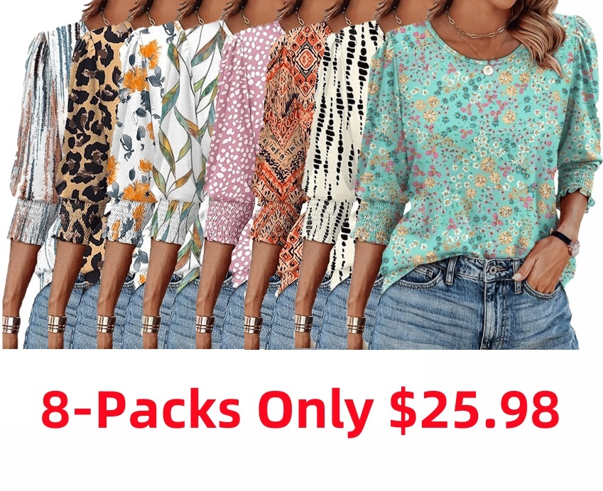 ⏰Today's Specials Only $9.99✨Women Dressy Casual 3/4 Length Sleeve Blouses with Smocked Cuffs 