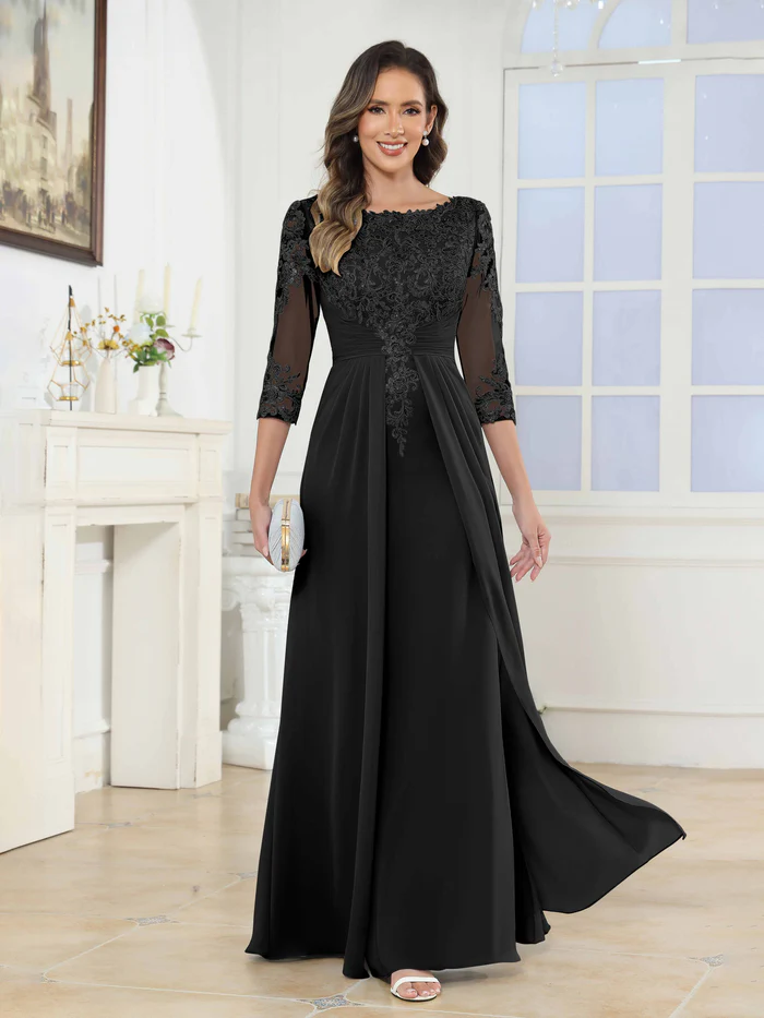 🎁Today's Special Offer🎁A-Line Scoop Ruched Lace Chiffon Long Mother of the Bride / Groom Dresses