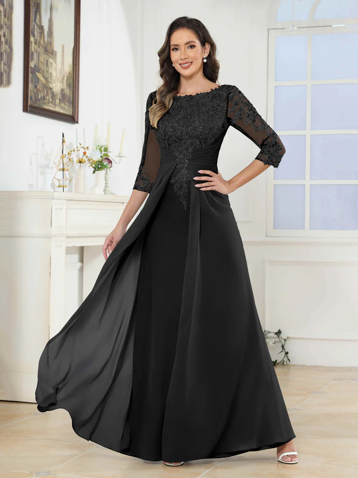 🎁Today's Special Offer🎁A-Line Scoop Ruched Lace Chiffon Long Mother of the Bride / Groom Dresses