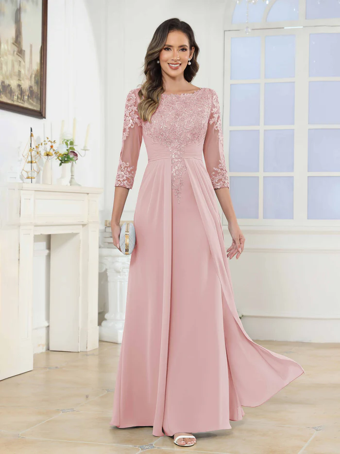 🎁Today's Special Offer🎁A-Line Scoop Ruched Lace Chiffon Long Mother of the Bride / Groom Dresses
