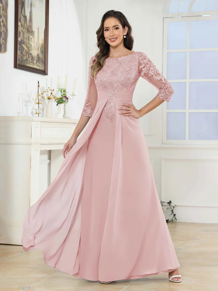 🎁Today's Special Offer🎁A-Line Scoop Ruched Lace Chiffon Long Mother of the Bride / Groom Dresses