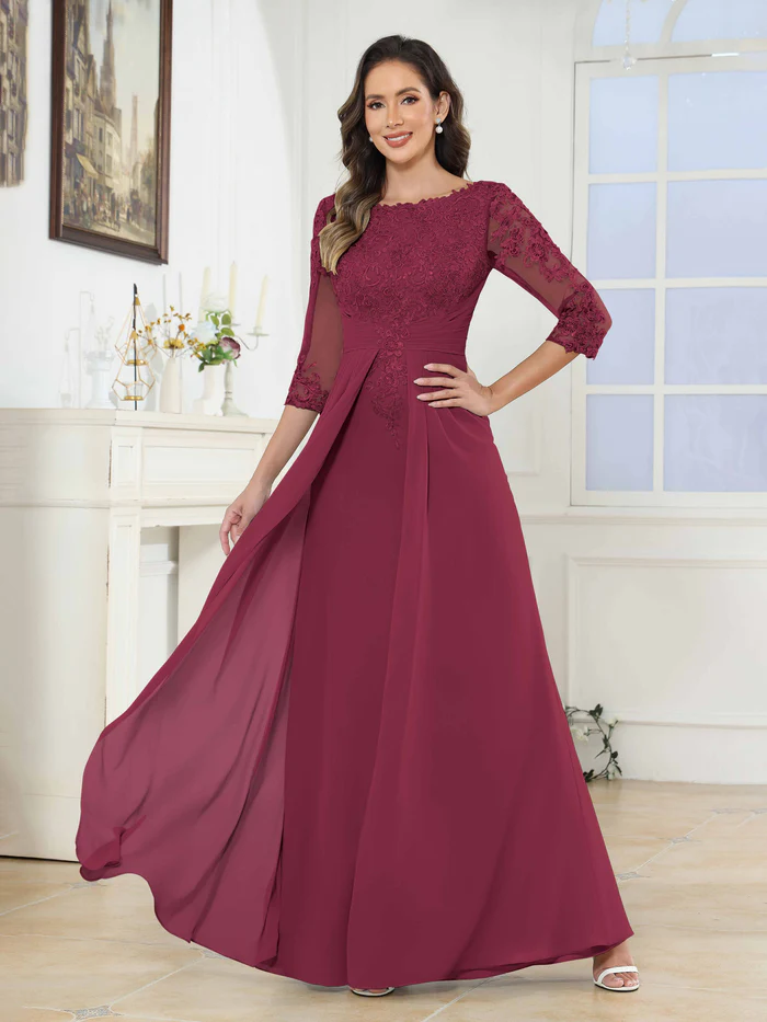 🎁Today's Special Offer🎁A-Line Scoop Ruched Lace Chiffon Long Mother of the Bride / Groom Dresses