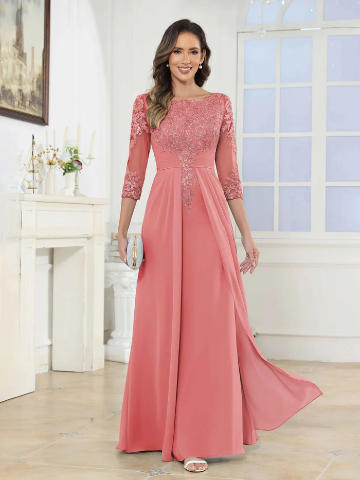 🎁Today's Special Offer🎁A-Line Scoop Ruched Lace Chiffon Long Mother of the Bride / Groom Dresses