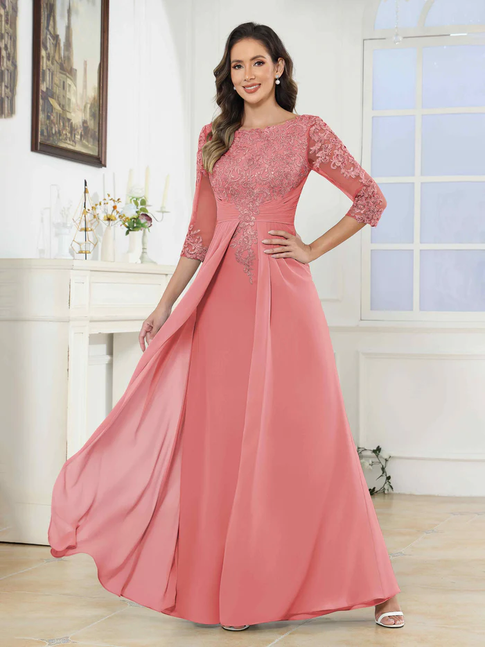 🎁Today's Special Offer🎁A-Line Scoop Ruched Lace Chiffon Long Mother of the Bride / Groom Dresses