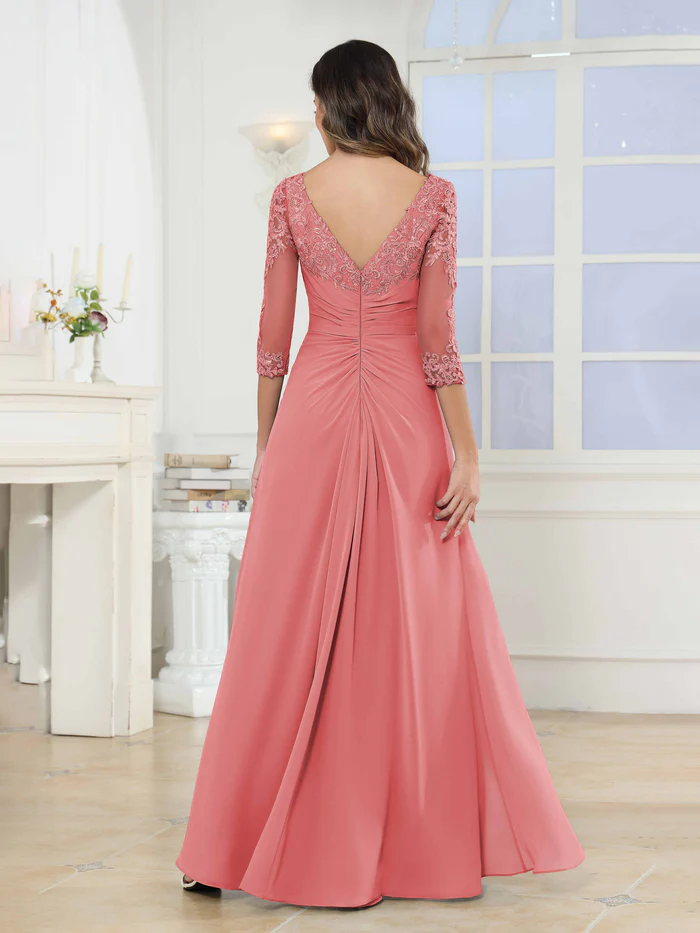 🎁Today's Special Offer🎁A-Line Scoop Ruched Lace Chiffon Long Mother of the Bride / Groom Dresses