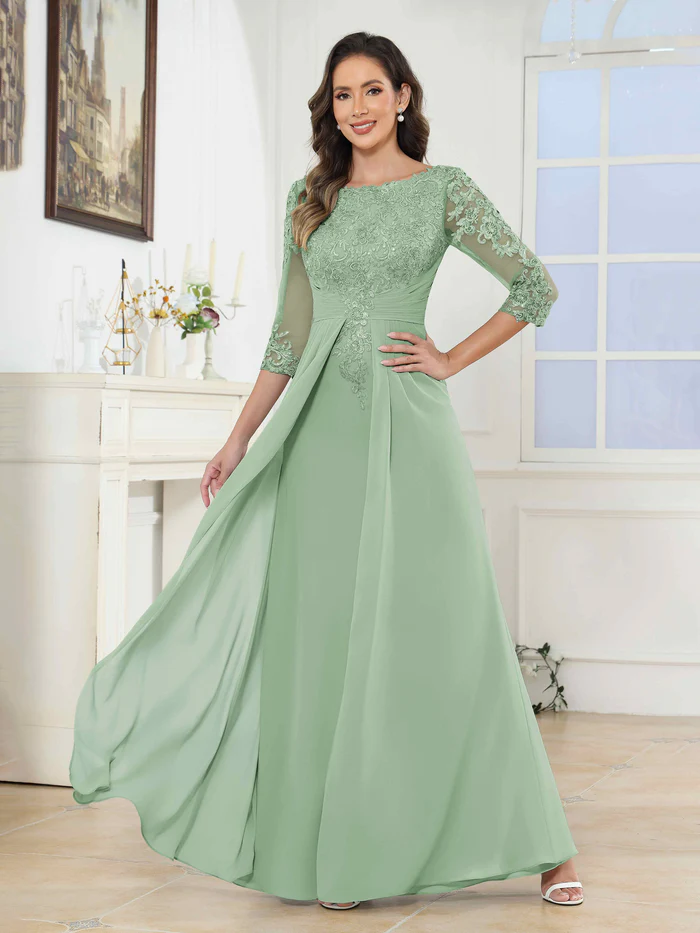 🎁Today's Special Offer🎁A-Line Scoop Ruched Lace Chiffon Long Mother of the Bride / Groom Dresses