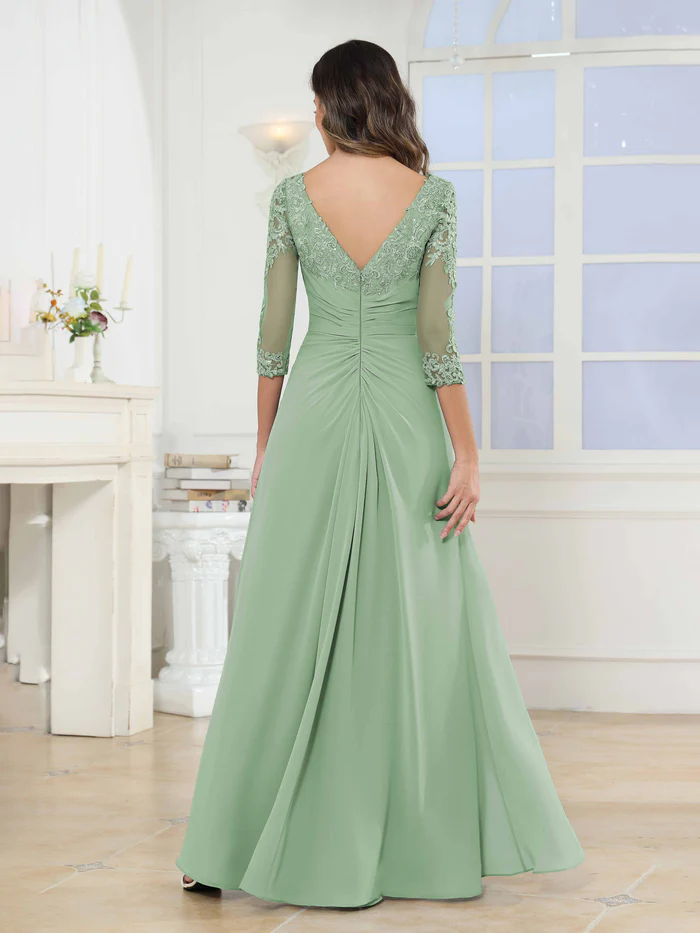 🎁Today's Special Offer🎁A-Line Scoop Ruched Lace Chiffon Long Mother of the Bride / Groom Dresses