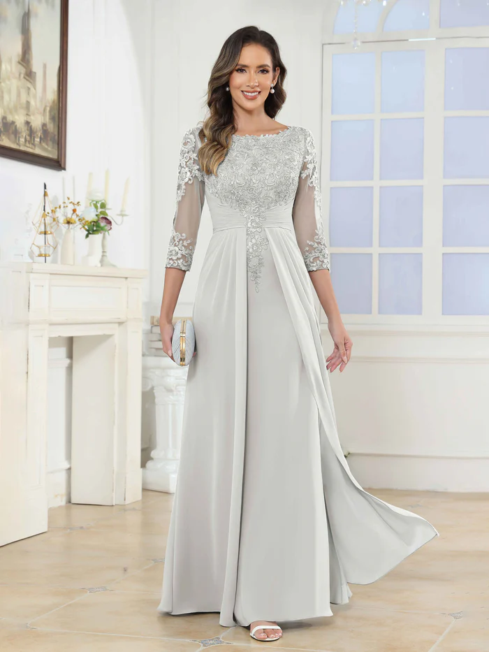 🎁Today's Special Offer🎁A-Line Scoop Ruched Lace Chiffon Long Mother of the Bride / Groom Dresses