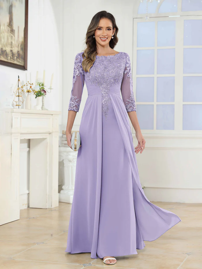 🎁Today's Special Offer🎁A-Line Scoop Ruched Lace Chiffon Long Mother of the Bride / Groom Dresses