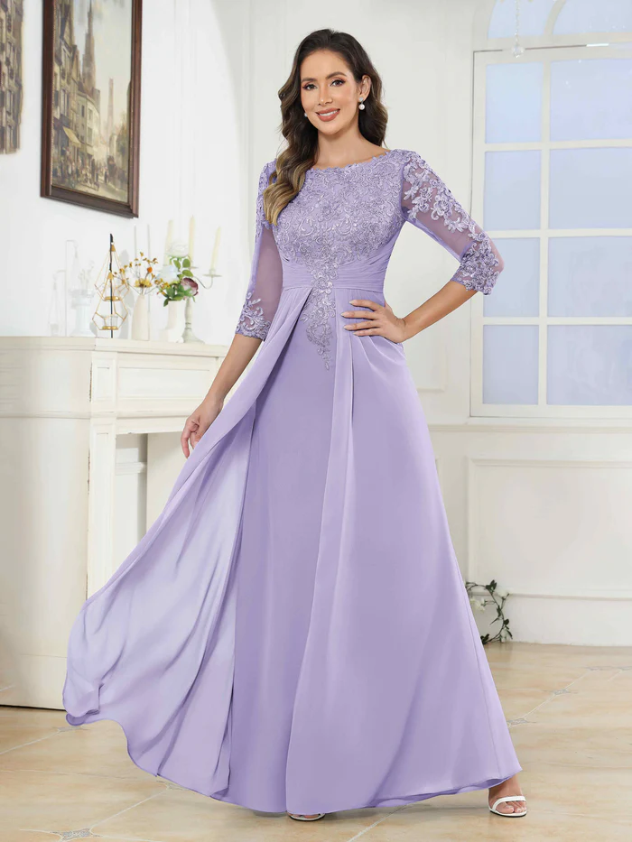 🎁Today's Special Offer🎁A-Line Scoop Ruched Lace Chiffon Long Mother of the Bride / Groom Dresses