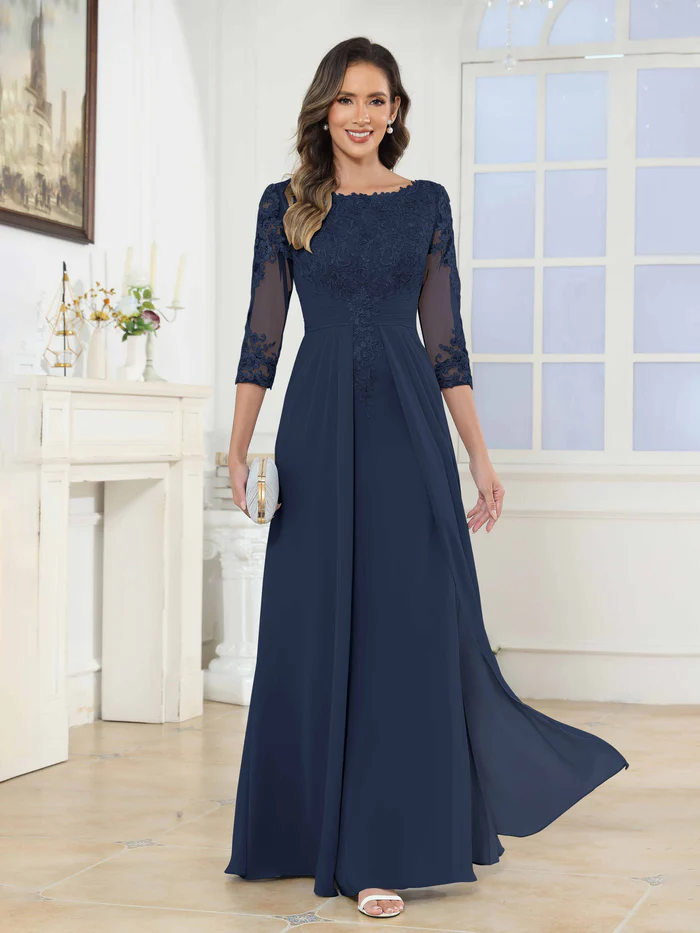 🎁Today's Special Offer🎁A-Line Scoop Ruched Lace Chiffon Long Mother of the Bride / Groom Dresses