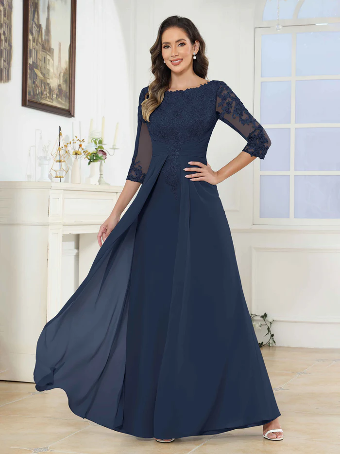 🎁Today's Special Offer🎁A-Line Scoop Ruched Lace Chiffon Long Mother of the Bride / Groom Dresses