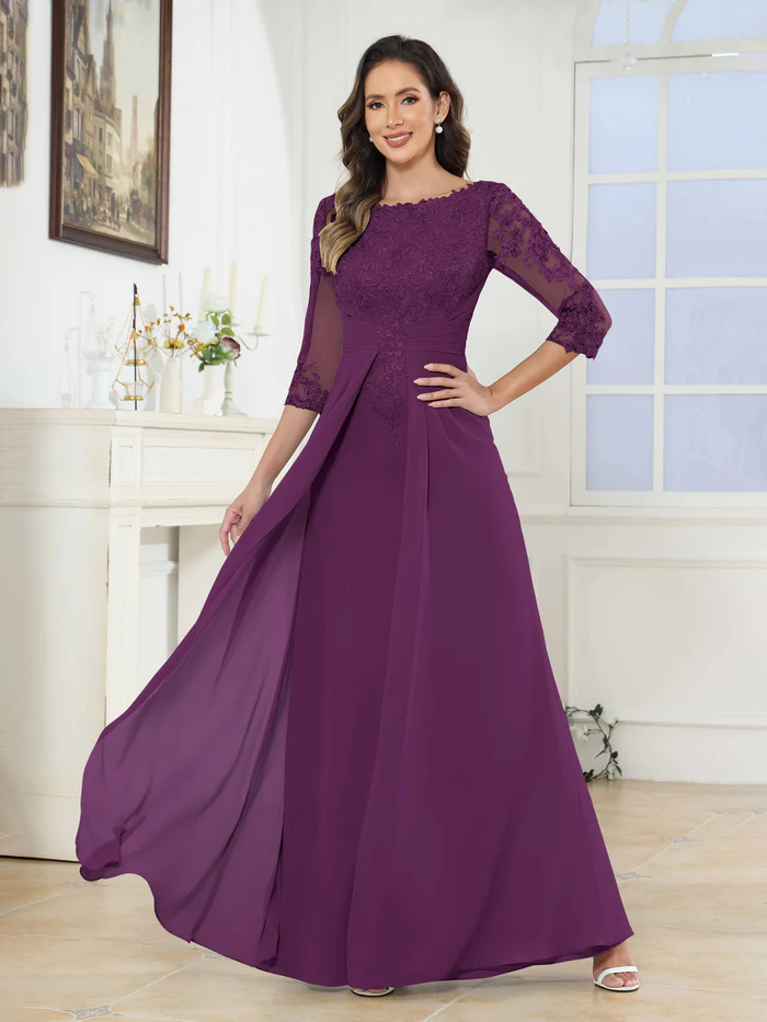 🎁Today's Special Offer🎁A-Line Scoop Ruched Lace Chiffon Long Mother of the Bride / Groom Dresses