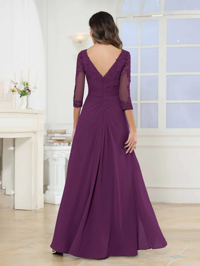 🎁Today's Special Offer🎁A-Line Scoop Ruched Lace Chiffon Long Mother of the Bride / Groom Dresses