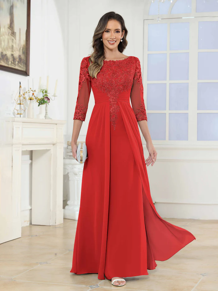 🎁Today's Special Offer🎁A-Line Scoop Ruched Lace Chiffon Long Mother of the Bride / Groom Dresses